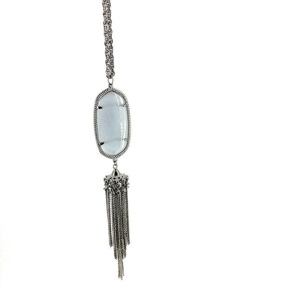 Kendra Scott Necklace Rayne Long Pendant Dichroic Glass Stone Silver Tassel - Picture 2 of 7